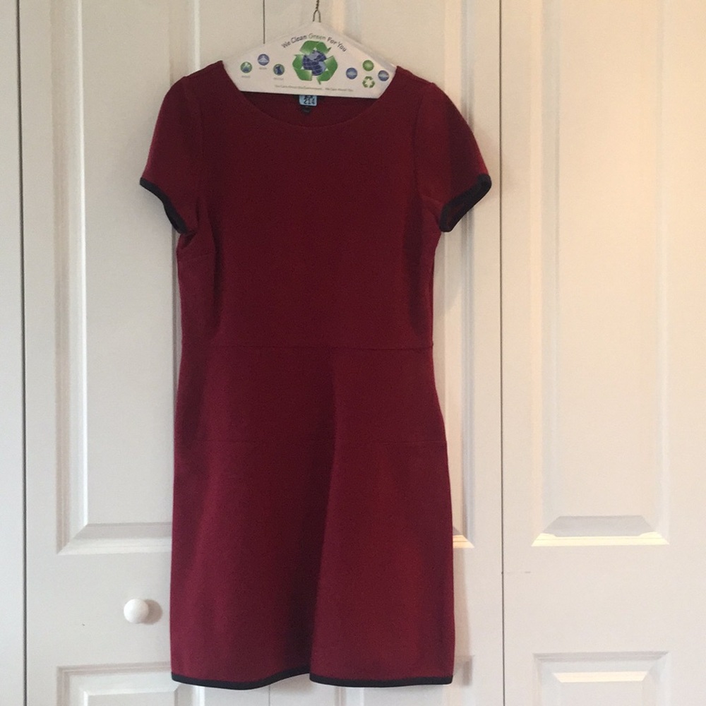 J crew, red dress, black trim at sleeves & hem.